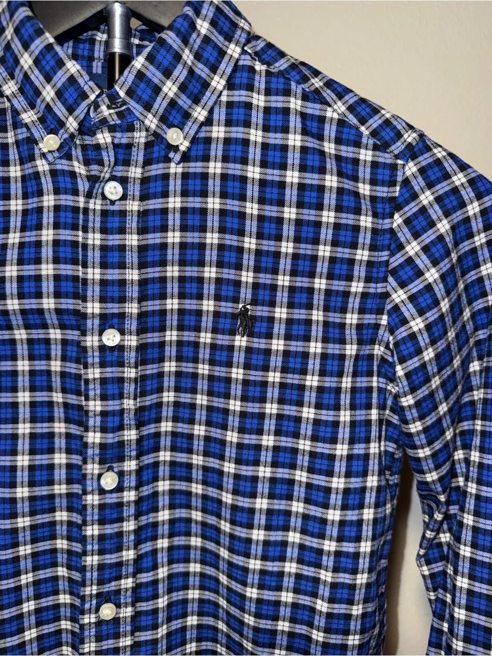 Polo Ralph Lauren Boys blue, black, and white button down, size 7, EUC